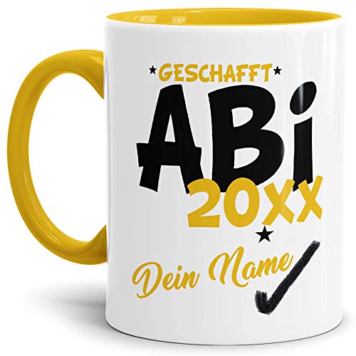 Tassendruck Abi-Tasse Geschafft Abi 20XX - Selbst gestalten mit Jahr und Name zum bestandenen Abitur/Schule/Lehrer/personalisierte Geschenk-Idee/Innen & Henkel Gelb von Tassendruck