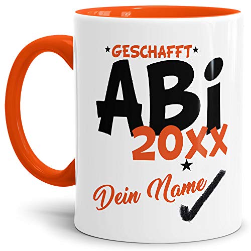 Tassendruck Abi-Tasse Geschafft Abi 20XX - Selbst gestalten mit Jahr und Name zum bestandenen Abitur/Schule/Lehrer/personalisierte Geschenk-Idee/Innen & Henkel Orange von Tassendruck