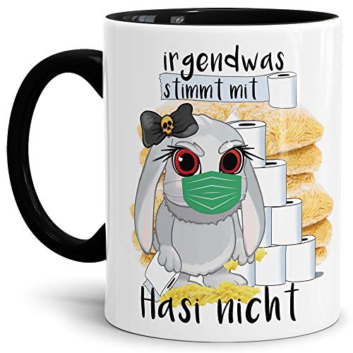 Tassendruck Anti-Hamster-Tasse mit Spruch Böses Hasi - Hamsterkäufe - Klopapier/Nudeln/Kaffee-Tasse/Corona-Virus 2020 / Geschenk Ostern - Innen & Henkel Schwarz von Tassendruck