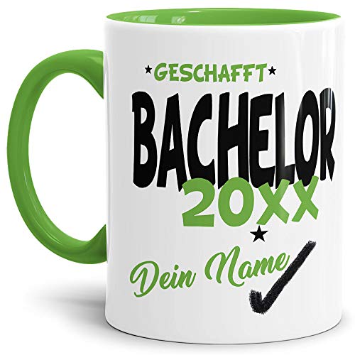 Tassendruck Bachelor-Tasse Geschafft Bachelor 20XX - Selbst gestalten mit Jahr und Name zum bestandenen Bachelor/Abschluss/Lernen/Prüfung/personalisierte Geschenk-Idee/Innen & Henkel Hellgrün von Tassendruck