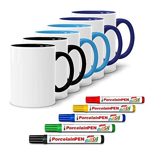 Tassendruck Bastel-Tassen ohne Druck zum Bemalen aus Hochwertiger Keramik Einzeln oder im Set/Mug/Cup/Becher/Pott - Farbset #8 6er Set mit Porzellanmalstifte von Tassendruck