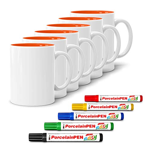 Tassendruck Bastel-Tassen ohne Druck zum Bemalen aus Hochwertiger Keramik Einzeln oder im Set/Mug/Cup/Becher/Pott - Innen Orange 6er Set mit Porzellanmalstifte von Tassendruck