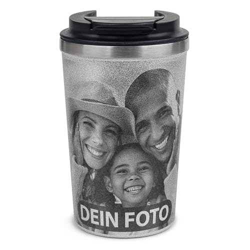 Tassendruck Becher bedrucken in Glitzeroptik - Glitzernder Mehrwegbecher bedrucken mit Deinem Foto - Nachhaltiger Kaffeebecher | Doppelwandiger Edelstahl, Silber, 350 ml von Tassendruck