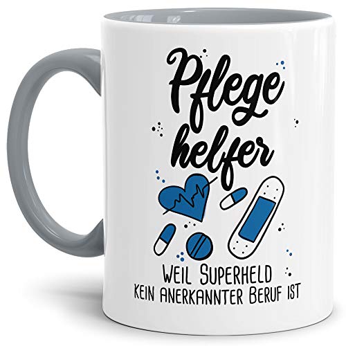 Berufe-Tasse Superheld Pflegehelfer - Kaffee-Tasse mit Spruch/Arbeit/Job/Lustig/Geschenk-Idee - Innen & Henkel Grau von Tassendruck