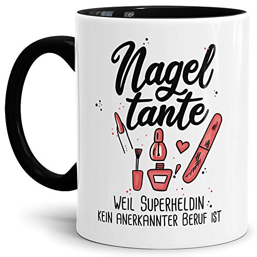 Berufe-Tasse Superheldin Nageltante - Kaffee-Tasse mit Spruch/Arbeit/Job/Lustig/Geschenk-Idee - Innen & Henkel Schwarz von Tassendruck