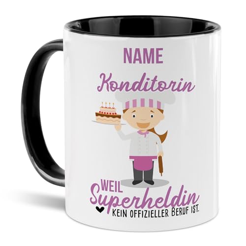 Tassendruck Berufe-Tasse mit Name personalisiert - Konditorin weil Superheldin kein Beruf ist - Geschenk für Kollegin zum Geburtstag | Personalisierte Geschenke, Innen & Henkel Schwarz, 300 ml von Tassendruck