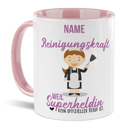 Tassendruck Berufe-Tasse mit Name personalisiert - Reinigungskraft weil Superheldin kein Beruf ist - Geschenk für Kollegin zum Geburtstag | Personalisierte Geschenke, Innen & Henkel Rosa, 300 ml von Tassendruck