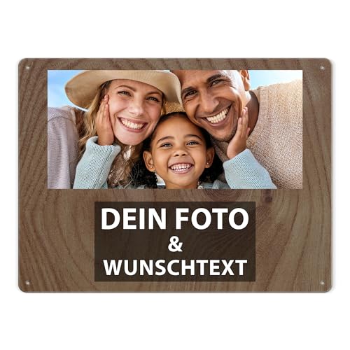 Tassendruck Blech-Schild mit Foto und Text selbst gestalten/Personalisierbar mit eigenem Bild als Metall-Poster / A3 (30x40cm) im Querformat/Holz 2 von Tassendruck
