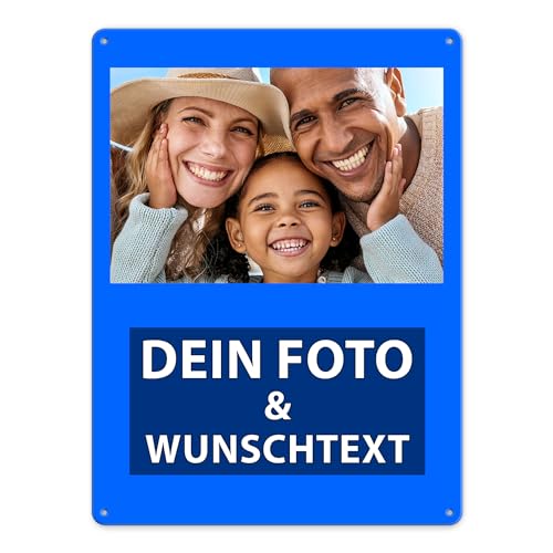 Blech-Schild mit Foto und Text selbst gestalten/Personalisierbar mit eigenem Bild als Metall-Poster / A3 (30x40cm) im Hochformat/Blau von Tassendruck