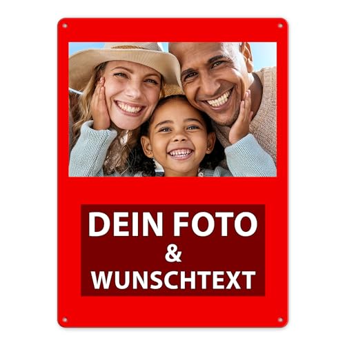 Tassendruck Blech-Schild mit Foto und Text selbst gestalten/Personalisierbar mit eigenem Bild als Metall-Poster / A3 (30x40cm) im Hochformat/Rot von Tassendruck