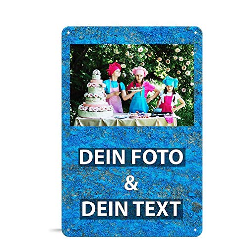 Blech-Schild mit Foto und Text selbst gestalten/Personalisierbar mit eigenem Bild als Metall-Poster / A4 (21x30cm) im Hochformat/Grunge Bunt 3 von Tassendruck