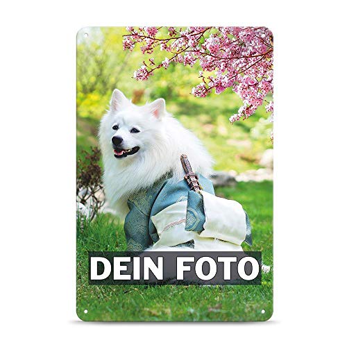 Blech-Schild mit Foto und Text selbst gestalten/Personalisierbar mit eigenem Bild als Metall-Poster / A4 (21x30cm) im Hochformat/Weiss von Tassendruck