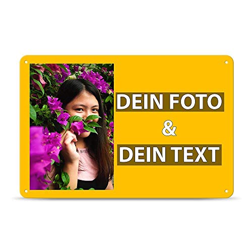 Blech-Schild mit Foto und Text selbst gestalten/Personalisierbar mit eigenem Bild als Metall-Poster / A4 (21x30cm) im Querformat/Gelb von Tassendruck