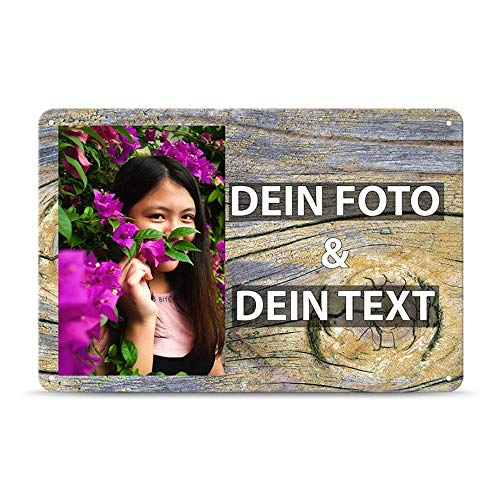 Blech-Schild mit Foto und Text selbst gestalten/Personalisierbar mit eigenem Bild als Metall-Poster / A4 (21x30cm) im Querformat/Holz 3 von Tassendruck