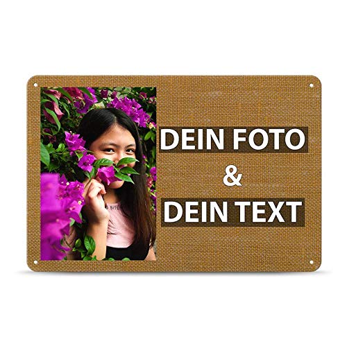 Blech-Schild mit Foto und Text selbst gestalten/Personalisierbar mit eigenem Bild als Metall-Poster / A4 (21x30cm) im Querformat/Stoff 1 von Tassendruck