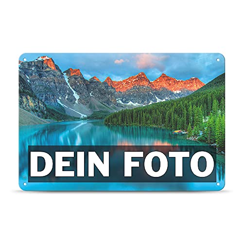 Blech-Schild mit Foto und Text selbst gestalten/Personalisierbar mit eigenem Bild als Metall-Poster / A4 (21x30cm) im Querformat/Weiss von Tassendruck