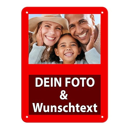 Tassendruck Blech-Schild mit Foto und Text selbst gestalten/Personalisierbar mit eigenem Bild als Metall-Poster / A5 (15x20cm) im Hochformat/Rot von Tassendruck