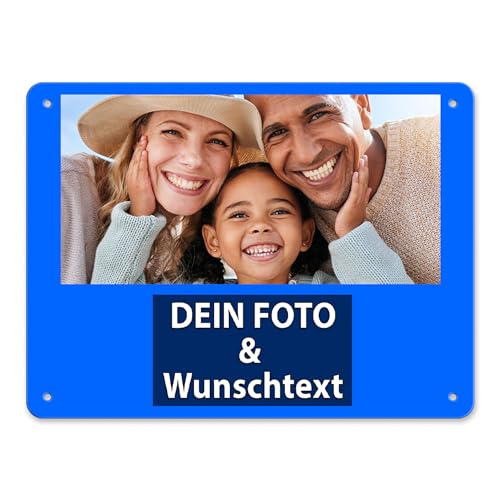 Blech-Schild mit Foto und Text selbst gestalten/Personalisierbar mit eigenem Bild als Metall-Poster / A5 (15x20cm) im Querformat/Blau von Tassendruck