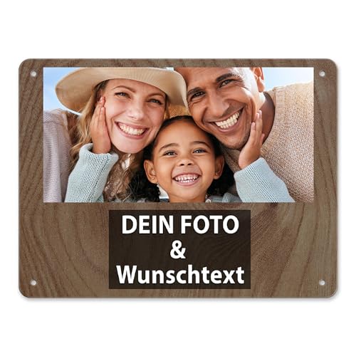 Blech-Schild mit Foto und Text selbst gestalten/Personalisierbar mit eigenem Bild als Metall-Poster / A5 (15x20cm) im Querformat/Holz 2 von Tassendruck