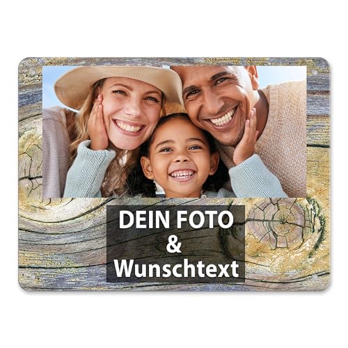 Blech-Schild mit Foto und Text selbst gestalten/Personalisierbar mit eigenem Bild als Metall-Poster / A5 (15x20cm) im Querformat/Holz 3 von Tassendruck