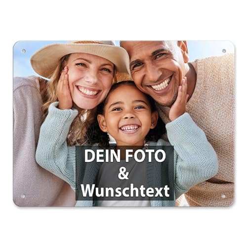 Blech-Schild mit Foto und Text selbst gestalten/Personalisierbar mit eigenem Bild als Metall-Poster / A5 (15x20cm) im Querformat/Weiss von Tassendruck