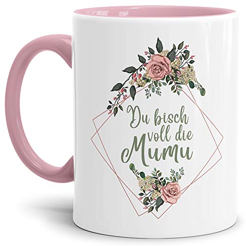 Blumen-Tasse mit Spruch Du bist voll die Mumu - Beleidigung/Schimpfwort/Geschenkidee für das Büro/Innen & Henkel Rosa von Tassendruck