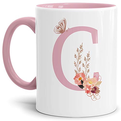 Buchstaben-Tasse mit Blumen - Buchstabe C - Innen & Henkel Rosa - Mug/Cup/Becher/Edel/Geschenk-Idee/Beste Qualität - 25 Jahre Erfahrung von Tassendruck