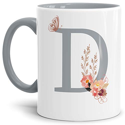 Tassendruck Buchstaben-Tasse mit Blumen - Buchstabe D - Innen & Henkel Grau - Mug/Cup/Becher/Edel/Geschenk-Idee/Beste Qualität - 25 Jahre Erfahrung von Tassendruck