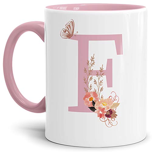 Buchstaben-Tasse mit Blumen - Buchstabe F - Innen & Henkel Rosa - Mug/Cup/Becher/Edel/Geschenk-Idee/Beste Qualität - 25 Jahre Erfahrung von Tassendruck