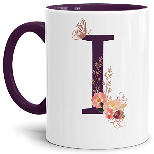 Tassendruck Buchstaben-Tasse mit Blumen - Buchstabe I - Innen & Henkel Violett - Mug/Cup/Becher/Edel/Geschenk-Idee/Beste Qualität - 25 Jahre Erfahrung von Tassendruck