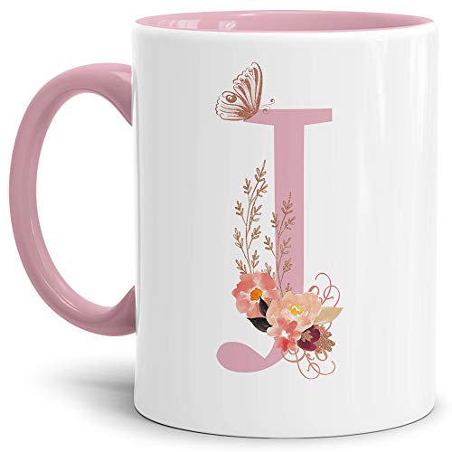 Buchstaben-Tasse mit Blumen - Buchstabe J - Innen & Henkel Rosa - Mug/Cup/Becher/Edel/Geschenk-Idee/Beste Qualität - 25 Jahre Erfahrung von Tassendruck