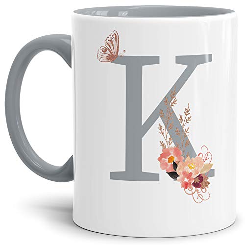 Tassendruck Buchstaben-Tasse mit Blumen - Buchstabe K - Innen & Henkel Grau - Mug/Cup/Becher/Edel/Geschenk-Idee/Beste Qualität - 25 Jahre Erfahrung von Tassendruck