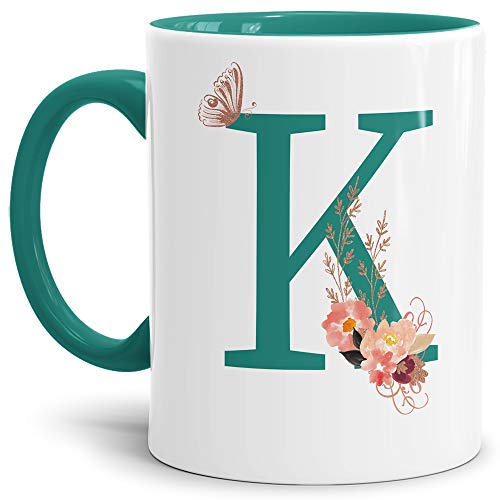 Tassendruck Buchstaben-Tasse mit Blumen - Buchstabe K - Innen & Henkel Türkis - Mug/Cup/Becher/Edel/Geschenk-Idee/Beste Qualität - 25 Jahre Erfahrung Tassendruck Buchstaben-Tasse mit Blumen - Buchstabe K - Innen & Henkel Türkis - Mug/Cup/Becher/Edel/Geschenk-Idee/Beste Qualität - 25 Jahre Erfahrung von Tassendruck