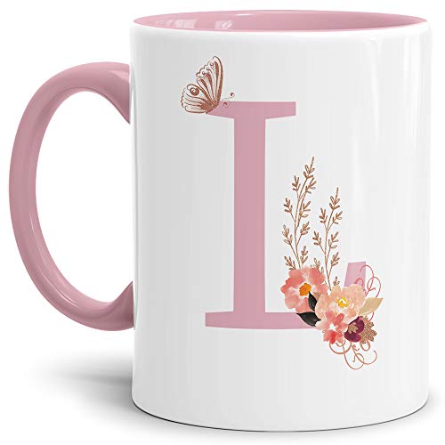 Buchstaben-Tasse mit Blumen - Buchstabe L - Innen & Henkel Rosa - Mug/Cup/Becher/Edel/Geschenk-Idee/Beste Qualität - 25 Jahre Erfahrung von Tassendruck