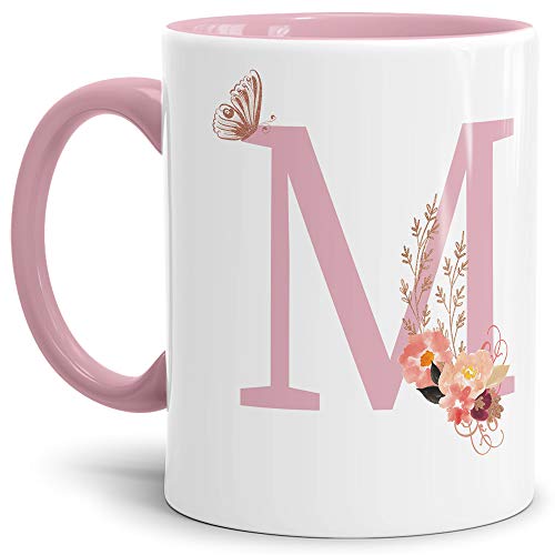 Buchstaben-Tasse mit Blumen - Buchstabe M - Innen & Henkel Rosa - Mug/Cup/Becher/Edel/Geschenk-Idee/Beste Qualität - 25 Jahre Erfahrung von Tassendruck
