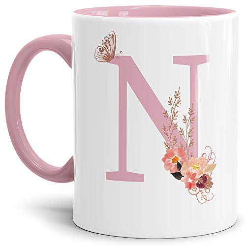Buchstaben-Tasse mit Blumen - Buchstabe N - Innen & Henkel Rosa - Mug/Cup/Becher/Edel/Geschenk-Idee/Beste Qualität - 25 Jahre Erfahrung von Tassendruck