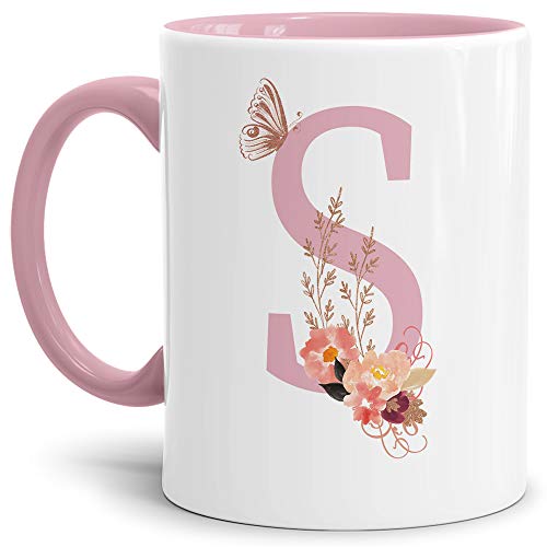 Buchstaben-Tasse mit Blumen - Buchstabe S - Innen & Henkel Rosa - Mug/Cup/Becher/Edel/Geschenk-Idee/Beste Qualität - 25 Jahre Erfahrung von Tassendruck