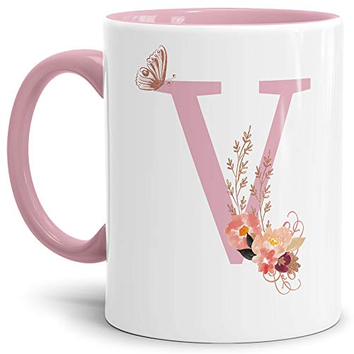 Buchstaben-Tasse mit Blumen - Buchstabe V - Innen & Henkel Rosa - Mug/Cup/Becher/Edel/Geschenk-Idee/Beste Qualität - 25 Jahre Erfahrung von Tassendruck