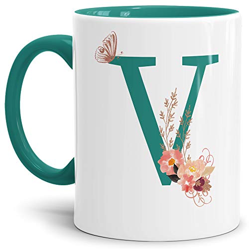 Buchstaben-Tasse mit Blumen - Buchstabe V - Innen & Henkel Türkis - Mug/Cup/Becher/Edel/Geschenk-Idee/Beste Qualität - 25 Jahre Erfahrung von Tassendruck