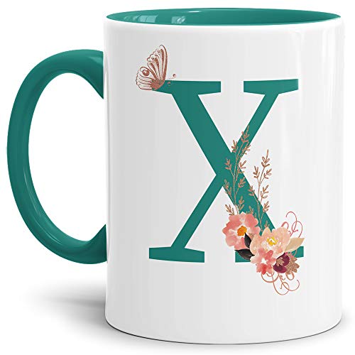 Tassendruck Buchstaben-Tasse mit Blumen - Buchstabe X - Innen & Henkel Türkis - Mug/Cup/Becher/Edel/Geschenk-Idee/Beste Qualität - 25 Jahre Erfahrung von Tassendruck