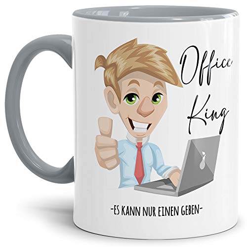 Bürotasse mit Spruch - Office King - Lustige Geschenkidee für Kollegen - Kaffeetasse für Arbeit und Büro - Innen & Henkel Grau von Tassendruck