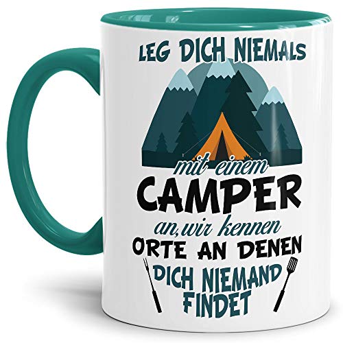 Tassendruck Camper Tasse mit Spruch - Leg Dich niemals mit einem Camper an - Campertasse/Campingbecher/Geschenkidee Camper - Keramik Innen & Henkel Türkis von Tassendruck