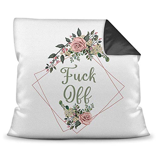 Tassendruck Deko-Kissen mit Blumen-Kranz und Spruch Fuck Off - Beleidigung/Schimpfwort/Geschenkidee / 40 cm x 40 cm/Farbkissen Schwarz inkl. Füllung von Tassendruck