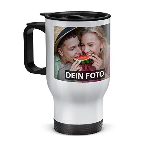 Tassendruck Edelstahl-Thermobecher selbst gestalten individuell mit Text und/oder Foto - Coffee to Go Becher, Reisebecher BPA-frei, Camping, Büro | Personalisiertes Geschenk, Weiß, 390 ml von Tassendruck