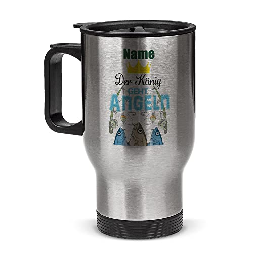 Tassendruck Edelstahl-Thermobecher selbst gestalten mit Name - Der König geht angeln - Coffee to Go Becher, Reisebecher, Geschenke für Angler, Petri Heil | Personalisiertes Geschenk, Silber, 390 ml von Tassendruck