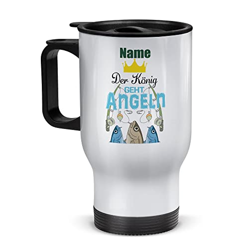 Tassendruck Edelstahl-Thermobecher selbst gestalten mit Name - Der König geht angeln - Coffee to Go Becher, Reisebecher, Geschenke für Angler, Petri Heil | Personalisiertes Geschenk, Weiß, 390 ml von Tassendruck