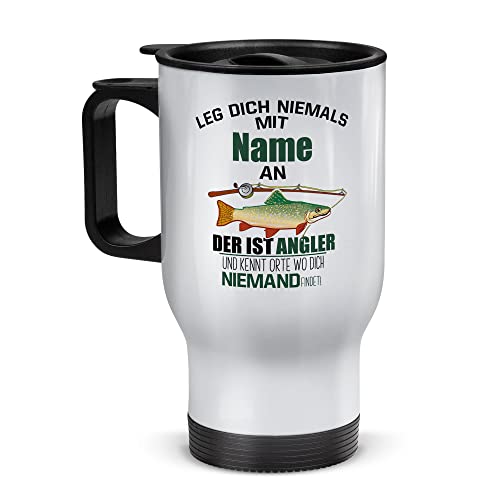 Tassendruck Edelstahl-Thermobecher selbst gestalten mit Name - Leg dich nicht mit einem Angler an - Coffee to Go Becher, Reisebecher, Geschenke für Angler | Personalisiertes Geschenk, Weiß, 390 ml von Tassendruck