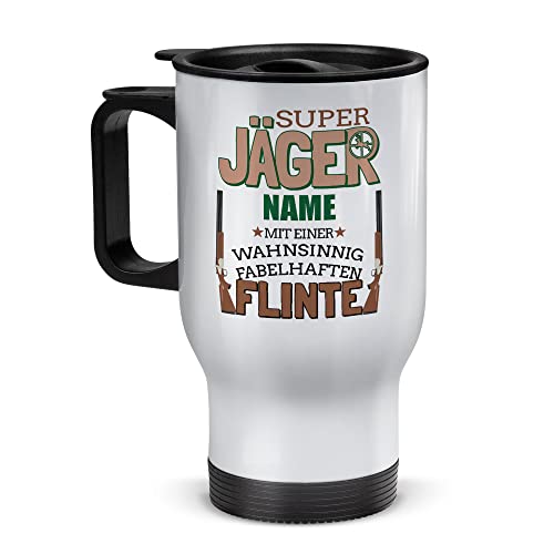 Tassendruck Edelstahl-Thermobecher selbst gestalten mit Name - Super Jäger mit Flinte - Coffee to Go Becher, Jäger Geschenke, Jagd Zubehör, Waidmannsheil | Personalisiertes Geschenk, Weiß, 390 ml von Tassendruck