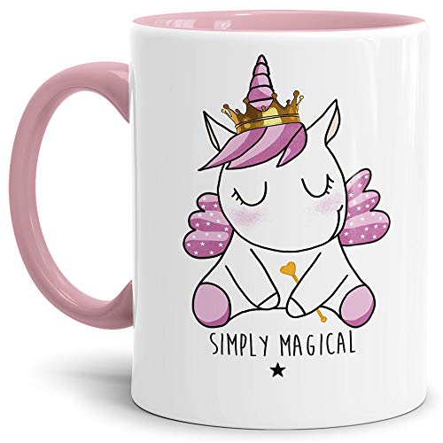 Tassendruck Einhorn-Tasse mit Spruch Simply magical - Glitzer/Rosa/Geschenk-Idee/Stern/Regenbogen/Innen & Henkel Rosa von Tassendruck