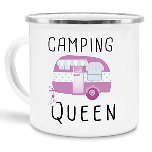 Tassendruck Emaille Tasse Camping lustig - Geschenk zum Camping/Tasse für coole Camper/Geschenk-Idee Campingfreunde - Camping Queen - klein silber Rand von Tassendruck